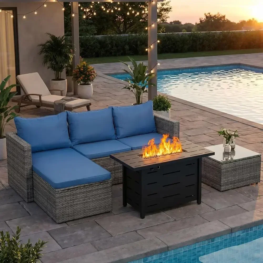 Outdoor Furniture Fire Pit Set - 4 Parçalı Açık Hava Hasır Bahçe