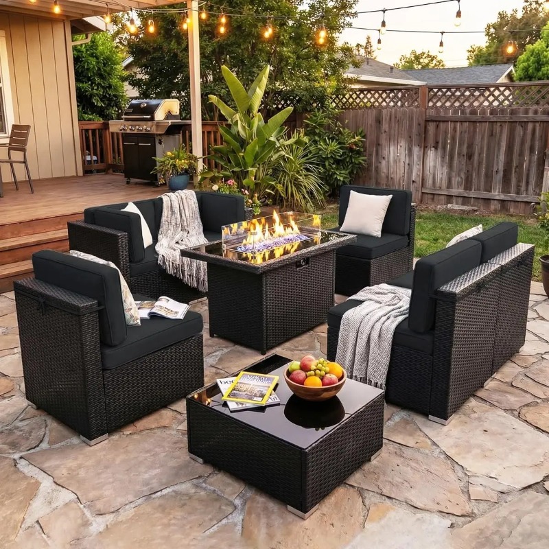 8 Parçalı Veranda Hasır Köşe K - Outdoor Furniture Fire Pit Set incelemesi ve fiyatı